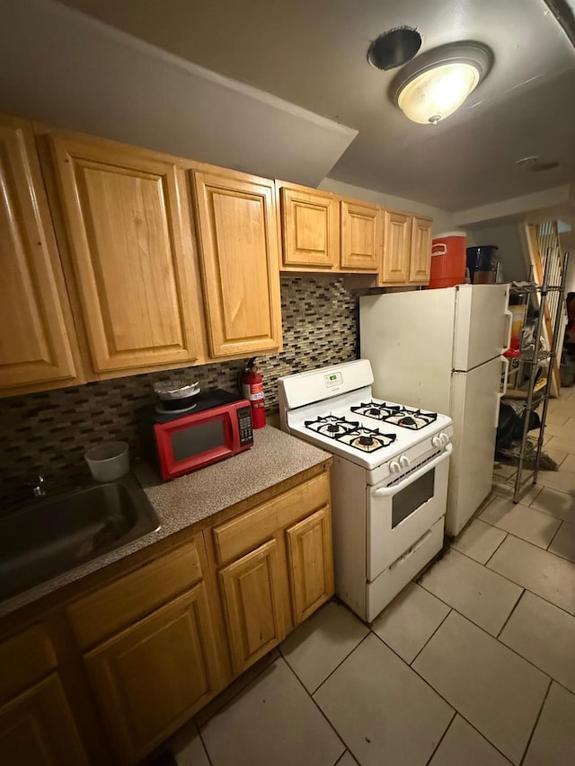 1380 Bristow St, Bronx, NY 10459 - kitchen with white appliances, tasteful backsplash, light tile patterned floors, and light brown cabinetry