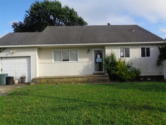 31 Marine Ave W, Lindenhurst, NY 11757 - ranch-style home featuring entry steps, a garage, a front yard, and roof with shingles