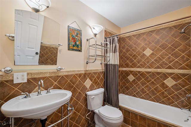 150 Hortontown Rd, Carmel, NY 10512 - full bathroom with tiled shower / bath combo, tile walls, and a wainscoted wall