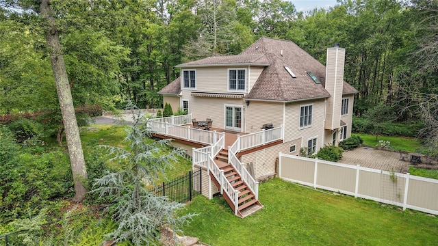 150 Hortontown Rd, Carmel, NY 10512 - back of house featuring a chimney, a deck, a shingled roof, and stairs