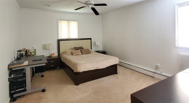 1336 Coates Ave, Holbrook, NY 11741 - carpeted bedroom featuring baseboard heating, ornamental molding, and ceiling fan