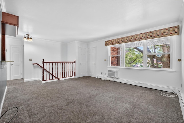 2710 S Rd Unit A4, Poughkeepsie, NY 12601 - empty room with dark colored carpet, crown molding, a baseboard heating unit, and a wall mounted air conditioner