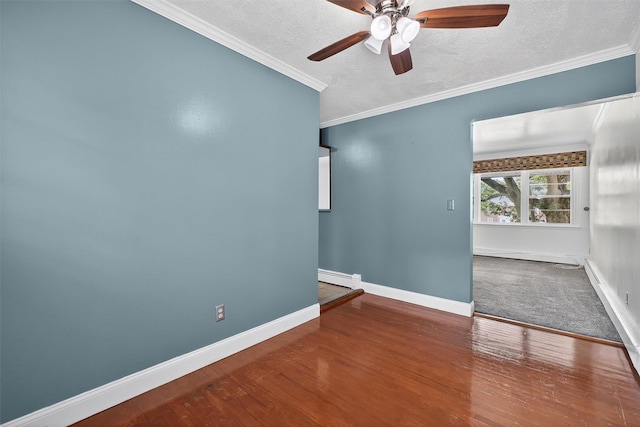 2710 S Rd Unit A4, Poughkeepsie, NY 12601 - unfurnished room with a baseboard radiator, wood finished floors, a ceiling fan, a textured ceiling, and crown molding