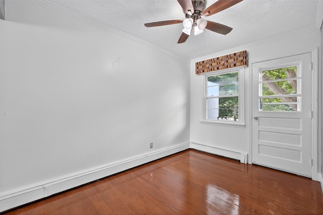 2710 S Rd Unit A4, Poughkeepsie, NY 12601 - unfurnished room featuring a textured ceiling, wood finished floors, crown molding, a ceiling fan, and a baseboard heating unit