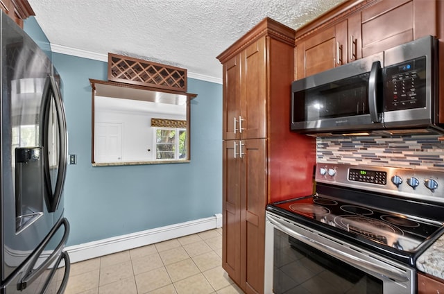 2710 S Rd Unit A4, Poughkeepsie, NY 12601 - kitchen featuring stainless steel appliances, backsplash, ornamental molding, light tile patterned floors, and a baseboard radiator