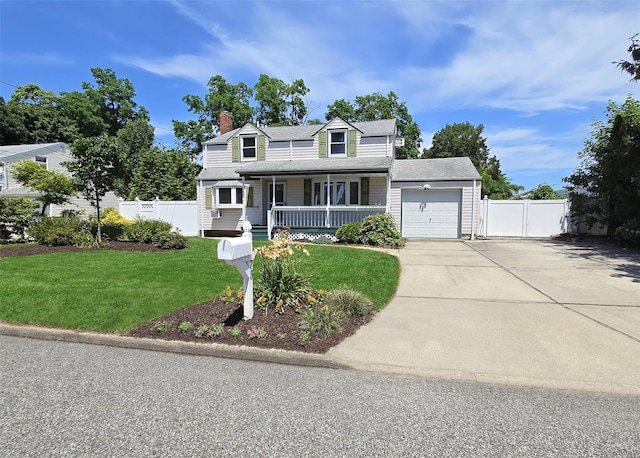 73 Peconic St, Selden, NY 11784 - cape cod house with covered porch, driveway, an attached garage, a chimney, and a shingled roof