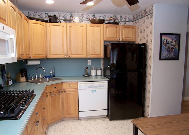 73 Peconic St, Selden, NY 11784 - kitchen featuring white appliances, light brown cabinets, ceiling fan, and light countertops