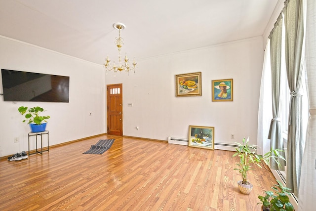 5822 Penrod St, Corona, NY 11368 - unfurnished living room with baseboard heating, a chandelier, light wood finished floors, and crown molding