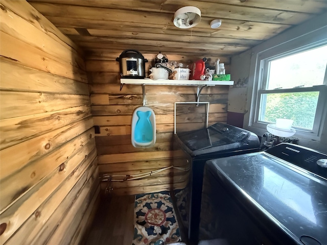 61 Cottage St, Roscoe, NY 12776 - laundry area featuring separate washer and dryer, wood ceiling, and wooden walls