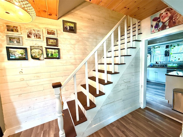 61 Cottage St, Roscoe, NY 12776 - stairway featuring wood finished floors, wooden walls, and wood ceiling