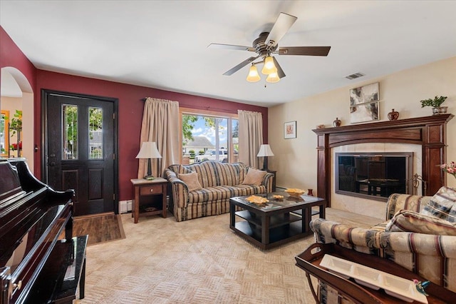 8 Pearl St, Bethpage, NY 11714 - living room with a ceiling fan, arched walkways, and baseboard heating