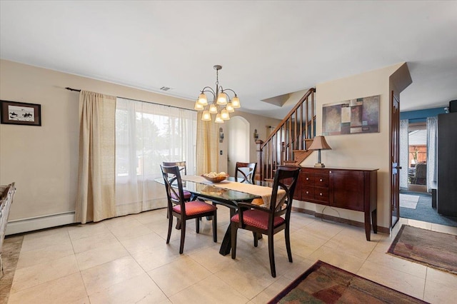 8 Pearl St, Bethpage, NY 11714 - dining area with a baseboard radiator, stairs, arched walkways, a chandelier, and light tile patterned flooring