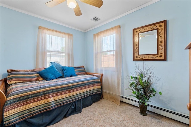 8 Pearl St, Bethpage, NY 11714 - bedroom with a baseboard heating unit, carpet, multiple windows, crown molding, and ceiling fan