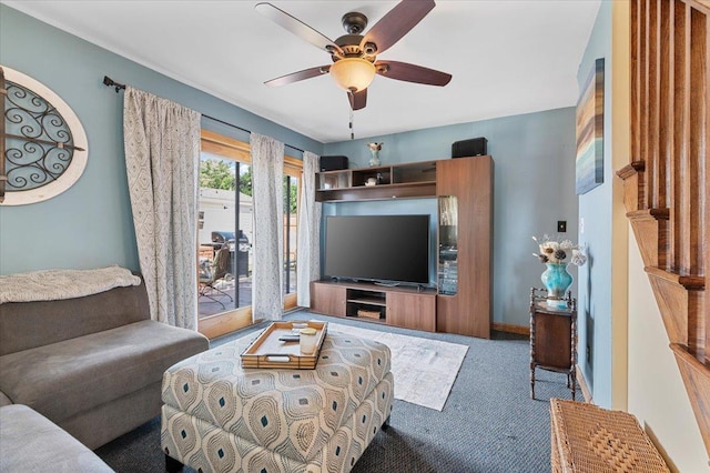 8 Pearl St, Bethpage, NY 11714 - carpeted living area featuring ceiling fan and baseboards