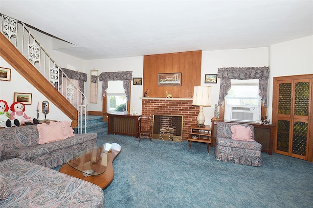 57 Nieman Ave, Lynbrook, NY 11563 - living room featuring stairs, carpet floors, plenty of natural light, and cooling unit