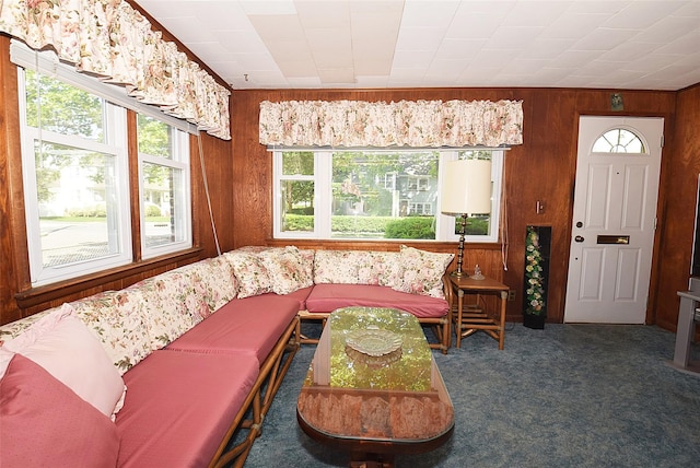 57 Nieman Ave, Lynbrook, NY 11563 - carpeted living room with wood walls