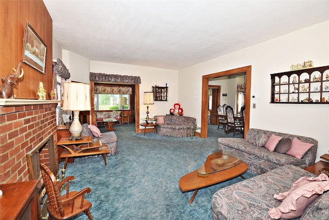 57 Nieman Ave, Lynbrook, NY 11563 - living area featuring carpet flooring and a brick fireplace
