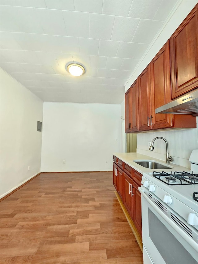 1714 W 12th St, Brooklyn, NY 11223 - kitchen featuring white gas stove, light wood-style floors, light countertops, under cabinet range hood, and brown cabinets