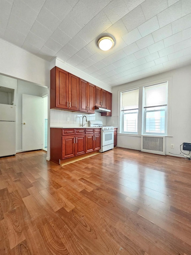 1714 W 12th St, Brooklyn, NY 11223 - kitchen featuring white appliances, light countertops, wood finished floors, and under cabinet range hood