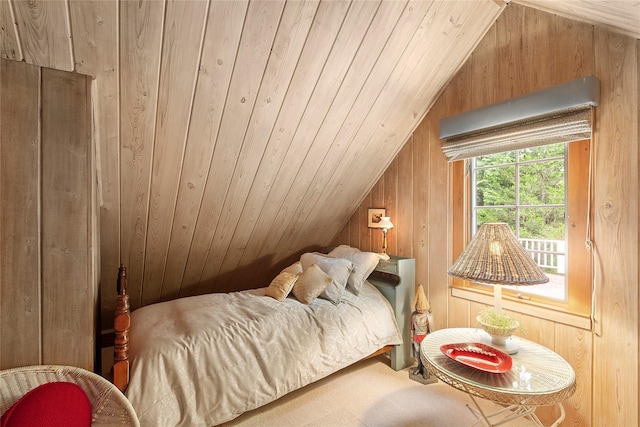 22 Turtle Cove Dr, Southampton, NY 11968 - bedroom featuring lofted ceiling and wooden walls