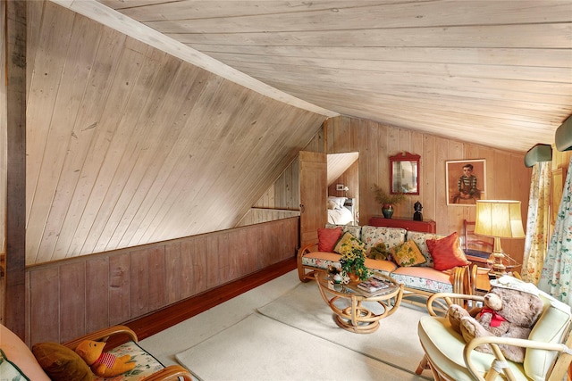 22 Turtle Cove Dr, Southampton, NY 11968 - sitting room featuring wood walls, vaulted ceiling, wooden ceiling, and carpet