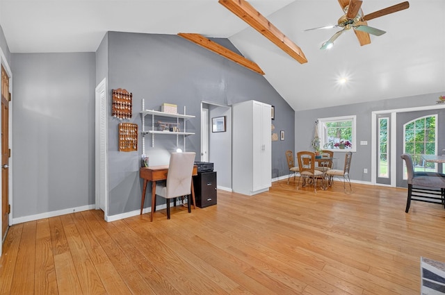 69 Floradan Rd, Putnam Valley, NY 10579 - office space featuring wood-type flooring, a ceiling fan, high vaulted ceiling, and beam ceiling