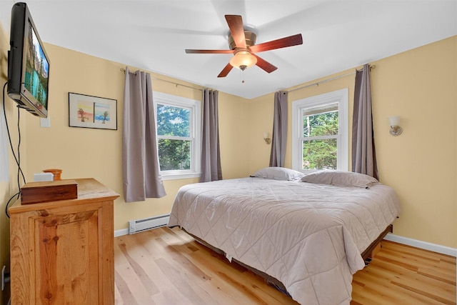 69 Floradan Rd, Putnam Valley, NY 10579 - bedroom featuring a baseboard heating unit, light wood-style floors, and ceiling fan