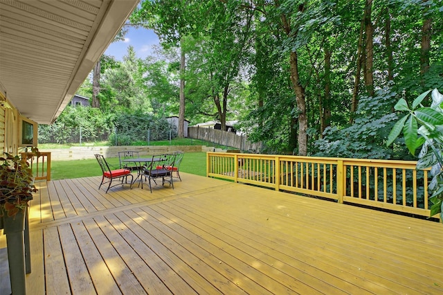 69 Floradan Rd, Putnam Valley, NY 10579 - wooden deck featuring a fenced backyard and outdoor dining area