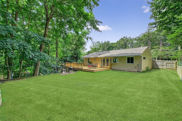 69 Floradan Rd, Putnam Valley, NY 10579 - back of house with french doors, a wooden deck, a fenced backyard, and view of wooded area