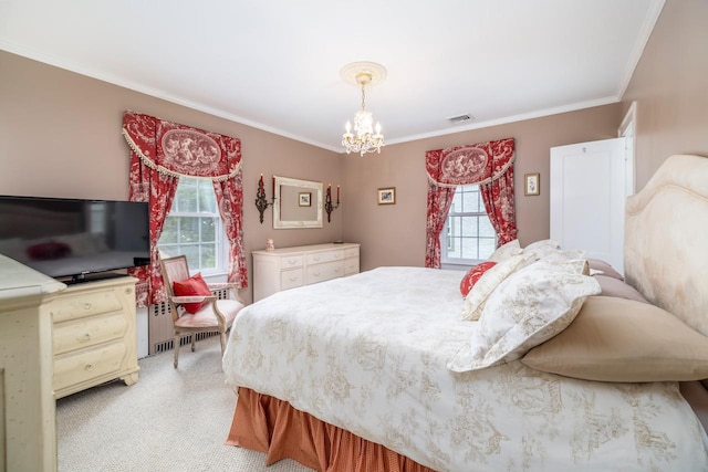 11 Loel Ct, Rockville Centre, NY 11570 - bedroom featuring ornamental molding, a chandelier, light carpet, and radiator