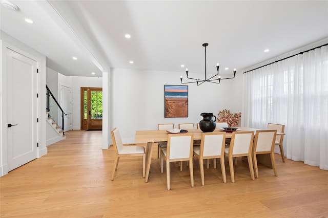 5 Kings Ln, Southampton, NY 11968 - dining room featuring a chandelier, light wood-style floors, recessed lighting, and stairs