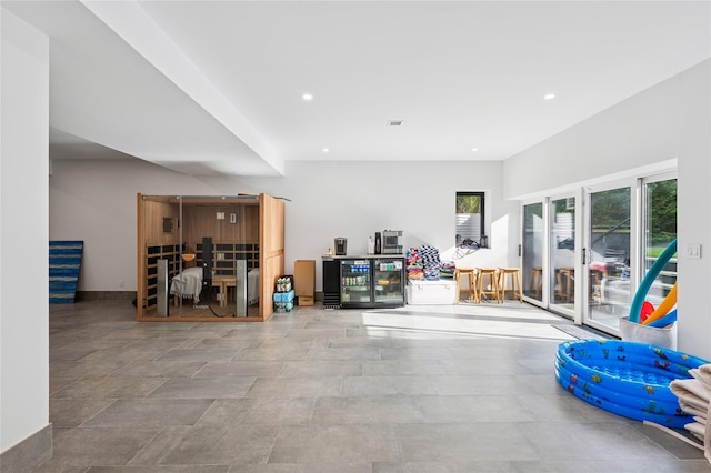 5 Kings Ln, Southampton, NY 11968 - interior space featuring beverage cooler, recessed lighting, and stairs