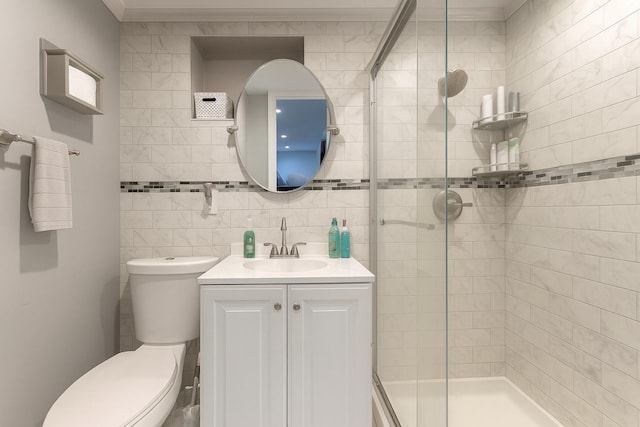 61 Ulster Ave, West Babylon, NY 11704 - full bathroom with a shower stall, vanity, and crown molding