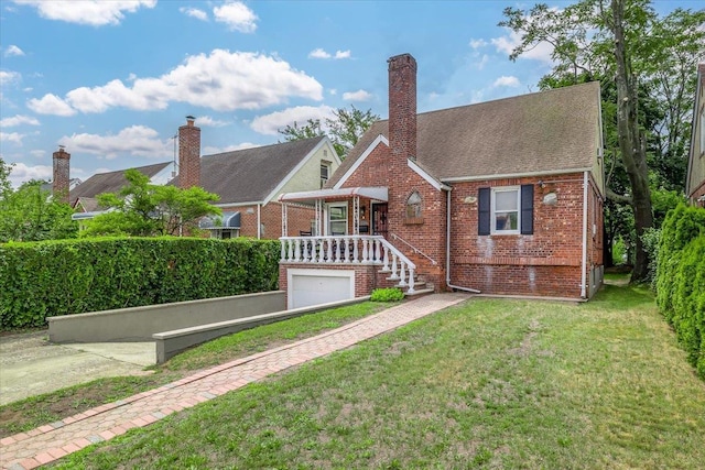 22324 Murdock Ave, Queens Village, NY 11429 - view of front facade featuring brick siding, a front lawn, an attached garage, a chimney, and a shingled roof