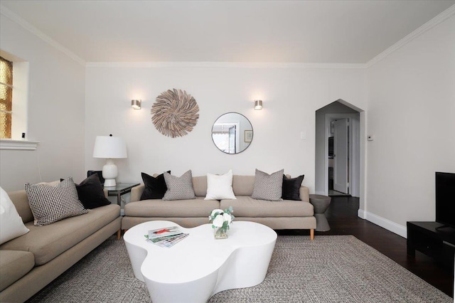 22324 Murdock Ave, Queens Village, NY 11429 - living room with ornamental molding, dark wood finished floors, and arched walkways
