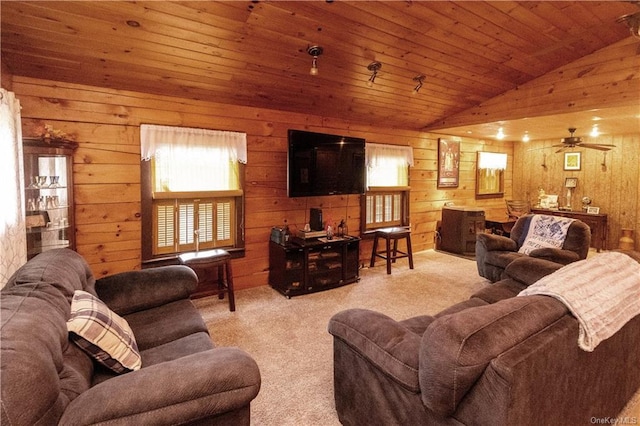 9 Low Rd, Wallkill, NY 12589 - carpeted living room featuring lofted ceiling, wood walls, a ceiling fan, and wood ceiling