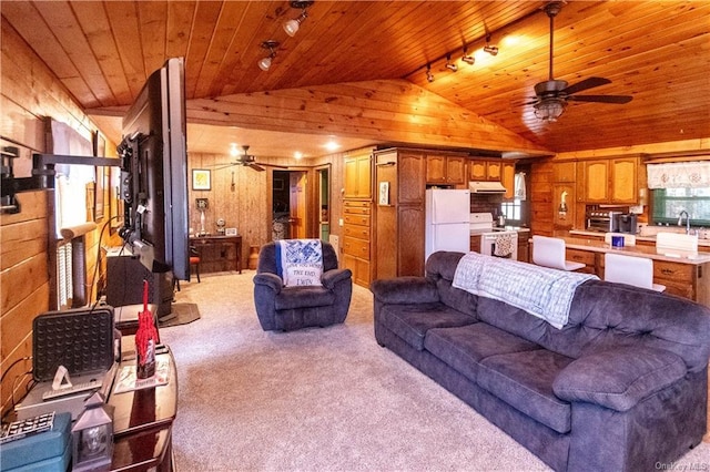 9 Low Rd, Wallkill, NY 12589 - living room featuring ceiling fan, vaulted ceiling, wooden walls, carpet flooring, and wooden ceiling
