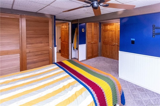 9 Low Rd, Wallkill, NY 12589 - unfurnished bedroom featuring carpet, wainscoting, ceiling fan, and a paneled ceiling