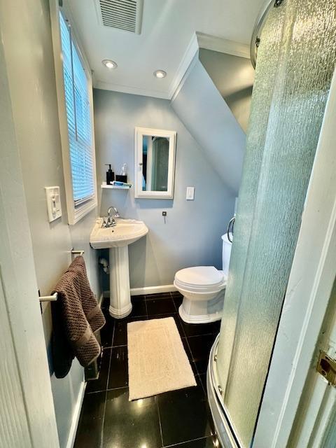 987 E Prospect St, Woodmere, NY 11598 - bathroom featuring a stall shower, tile patterned floors, recessed lighting, and ornamental molding