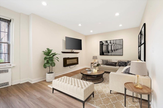 819 Broadway Unit 1G, Woodmere, NY 11598 - living area featuring radiator, wood finished floors, recessed lighting, and a fireplace