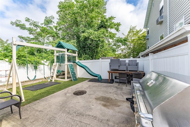 1051 Bay 32nd St, Bayswater, NY 11691 - fenced backyard featuring a playground and a patio area