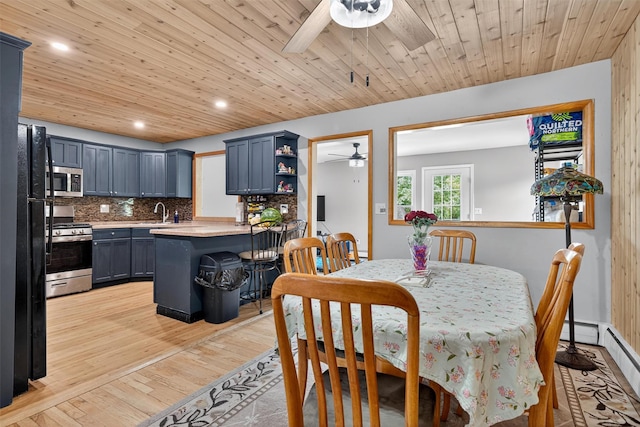 130 Marcus Rd, Ellenville, NY 12428 - dining space with ceiling fan, light wood-style flooring, recessed lighting, and wooden ceiling