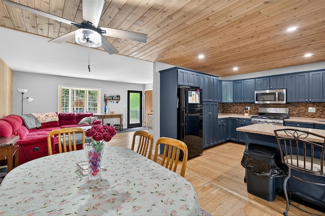 130 Marcus Rd, Ellenville, NY 12428 - dining area featuring ceiling fan, light wood-style floors, recessed lighting, and wood ceiling