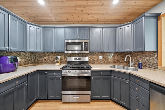 130 Marcus Rd, Ellenville, NY 12428 - kitchen featuring appliances with stainless steel finishes, wooden ceiling, light countertops, gray cabinetry, and recessed lighting
