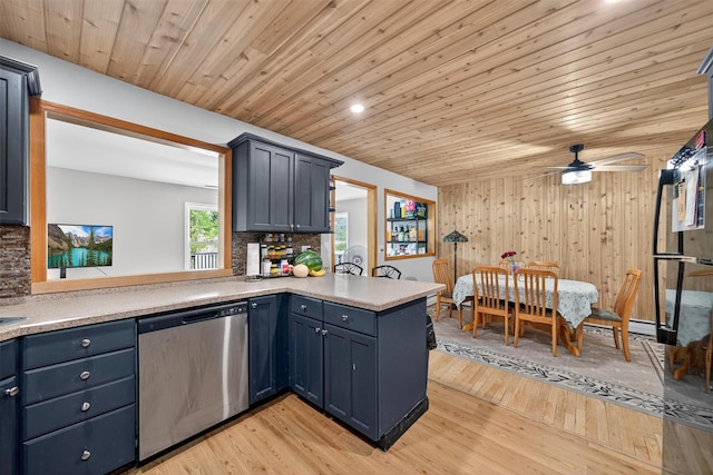 130 Marcus Rd, Ellenville, NY 12428 - kitchen featuring stainless steel dishwasher, light wood finished floors, light countertops, wood ceiling, and recessed lighting