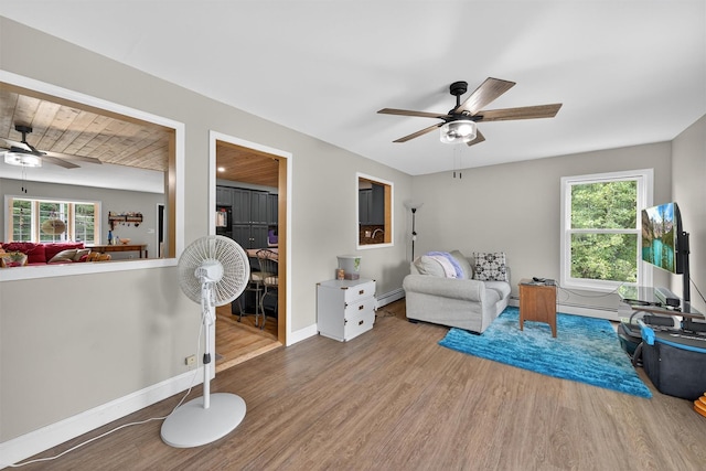 130 Marcus Rd, Ellenville, NY 12428 - living room with a ceiling fan, wood finished floors, and a baseboard heating unit