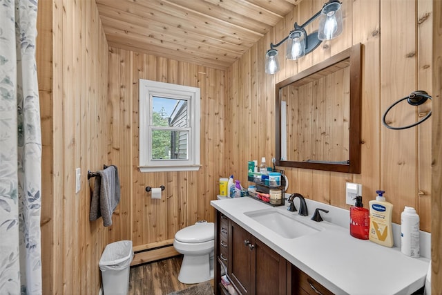 130 Marcus Rd, Ellenville, NY 12428 - bathroom featuring vanity, wood finished floors, wood walls, wood ceiling, and baseboard heating