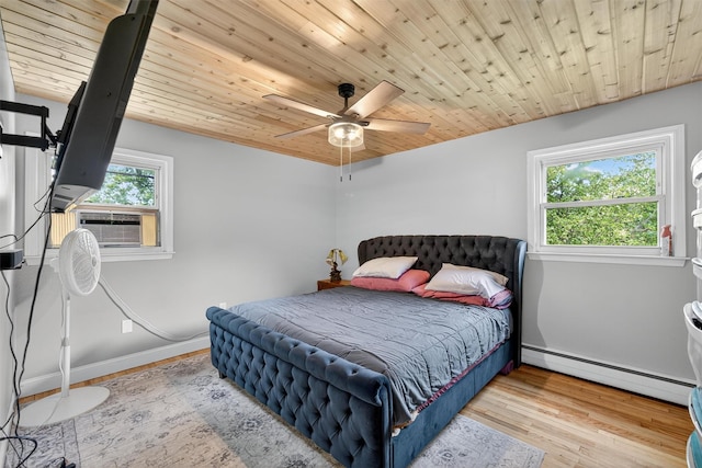 130 Marcus Rd, Ellenville, NY 12428 - bedroom with a baseboard radiator, wood finished floors, wood ceiling, and a ceiling fan