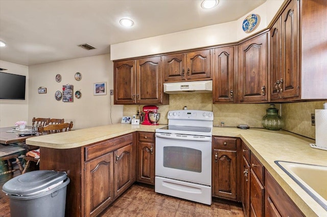 227 Randall Ave, Lawrence, NY 11559 - kitchen with electric stove, a peninsula, light countertops, tasteful backsplash, and recessed lighting