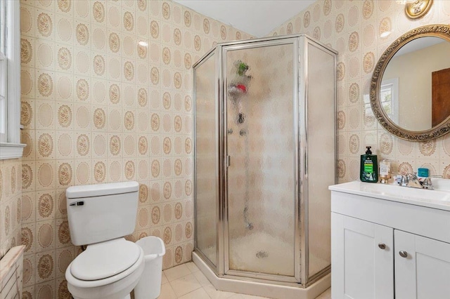 227 Randall Ave, Lawrence, NY 11559 - bathroom featuring vanity, a shower stall, wallpapered walls, and tile patterned flooring